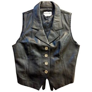 90s Bagatelle Sleeveless Black Leather Moto Vest w/ Gold Buttons, Medium Vintage